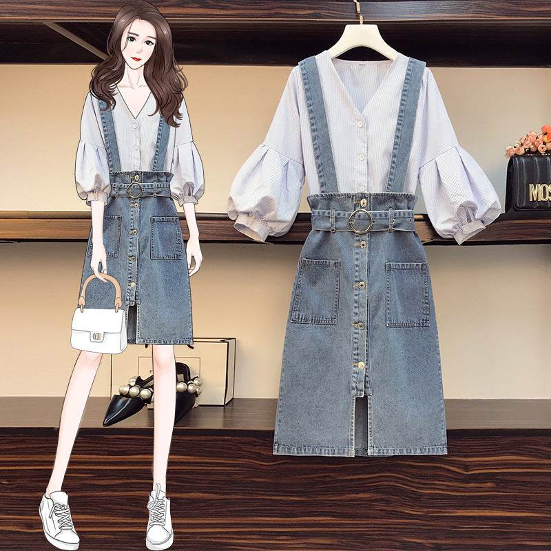 Fat Sister Plus Size women's Summer Dress New Women's age-reducing Fashion Jacket Denim Strap Skirt Two-piece Suit - Mubimart