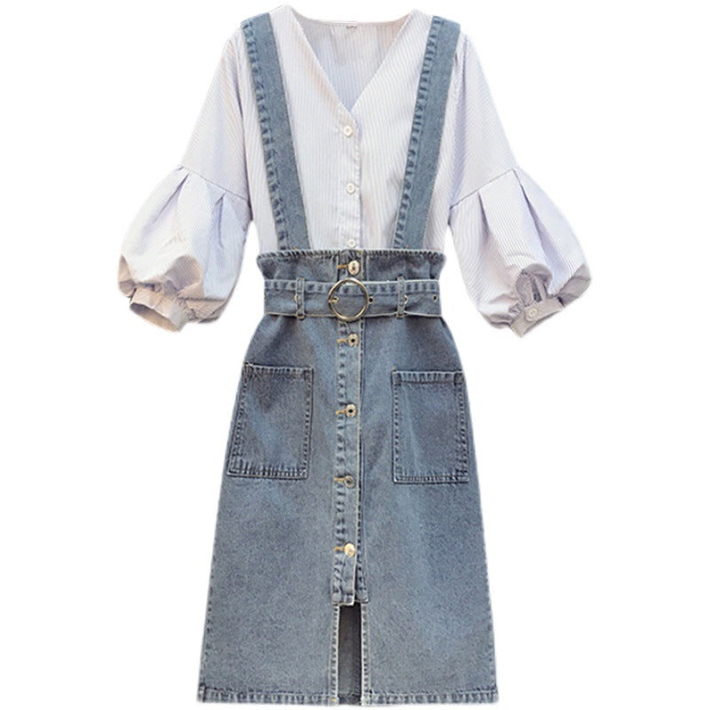 Fat Sister Plus Size women's Summer Dress New Women's age-reducing Fashion Jacket Denim Strap Skirt Two-piece Suit - Mubimart -  