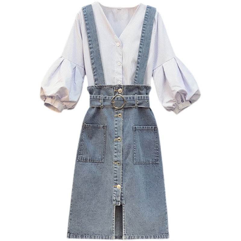 Fat Sister Plus Size women's Summer Dress New Women's age-reducing Fashion Jacket Denim Strap Skirt Two-piece Suit - Mubimart