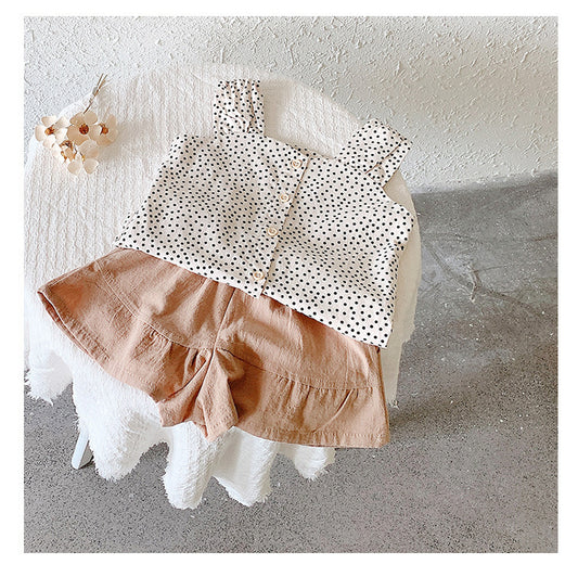 Wave Point Single Breasted Set Trendy Children\'S Baby Korean Two Piece Sling Set - Mubimart - Baby Cloth 