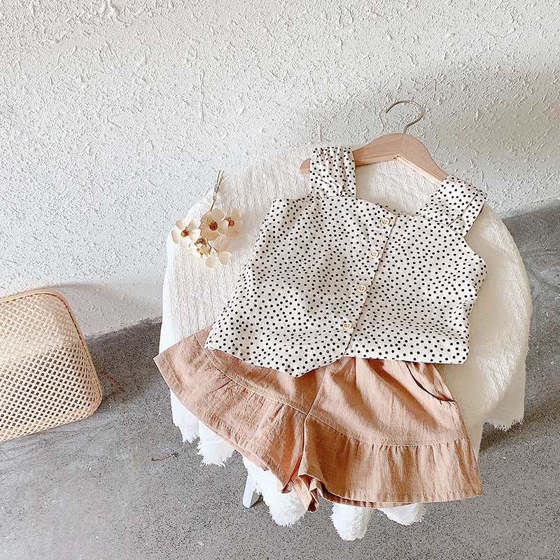 Wave Point Single Breasted Set Trendy Children\'S Baby Korean Two Piece Sling Set - Mubimart -  