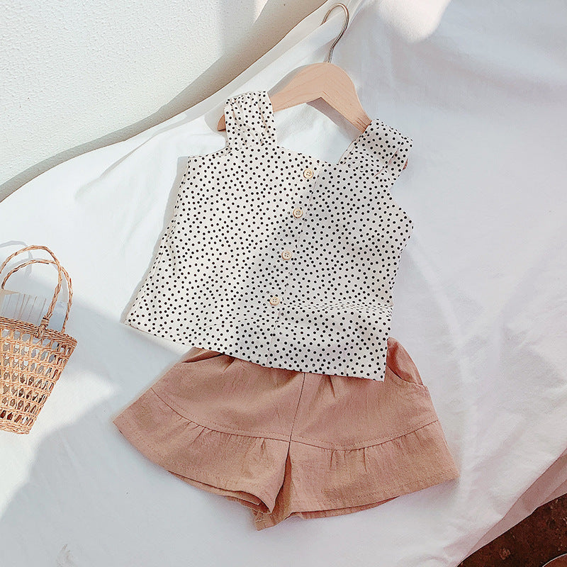 Wave Point Single Breasted Set Trendy Children\'S Baby Korean Two Piece Sling Set - Mubimart -  