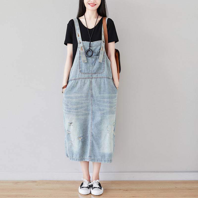 A Shirt With Water Retro Washed Denim Skirt Large Size Hole Personality Strap Dress Casual Dress - Mubimart