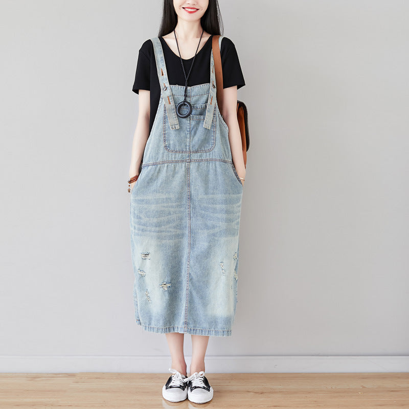 A Shirt With Water Retro Washed Denim Skirt Large Size Hole Personality Strap Dress Casual Dress - Mubimart -  