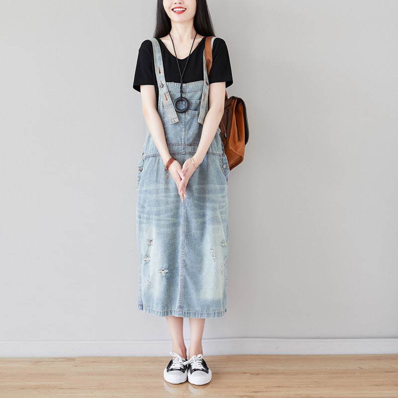A Shirt With Water Retro Washed Denim Skirt Large Size Hole Personality Strap Dress Casual Dress - Mubimart