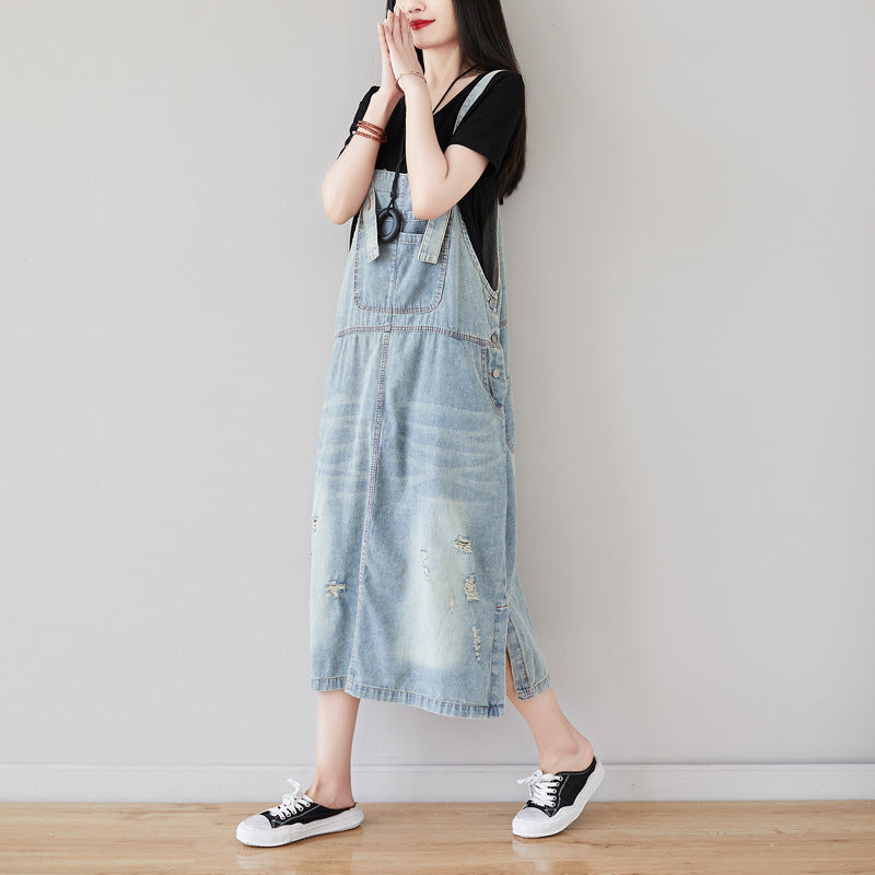 A Shirt With Water Retro Washed Denim Skirt Large Size Hole Personality Strap Dress Casual Dress - Mubimart -  