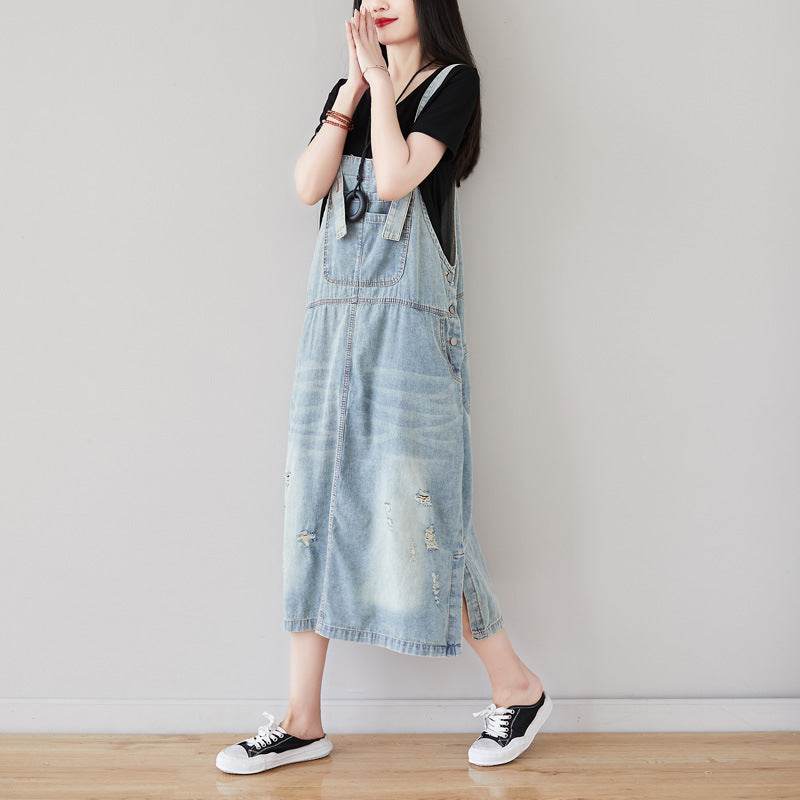 A Shirt With Water Retro Washed Denim Skirt Large Size Hole Personality Strap Dress Casual Dress - Mubimart