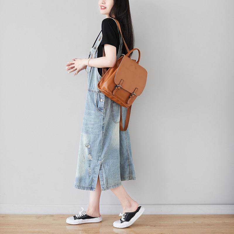 A Shirt With Water Retro Washed Denim Skirt Large Size Hole Personality Strap Dress Casual Dress - Mubimart