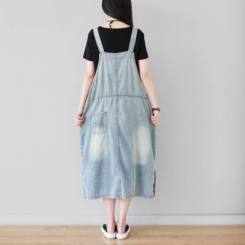A Shirt With Water Retro Washed Denim Skirt Large Size Hole Personality Strap Dress Casual Dress - Mubimart