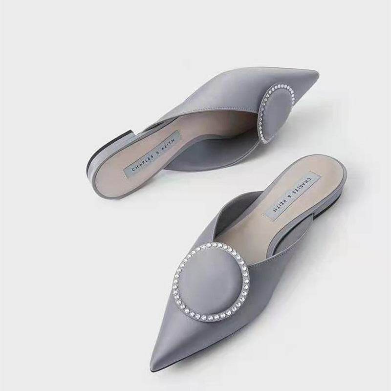Shallow Mouth Toe Cap Metal Slingback Mules Silk Top Rhinestone Small Ck Flat Shoes - Mubimart