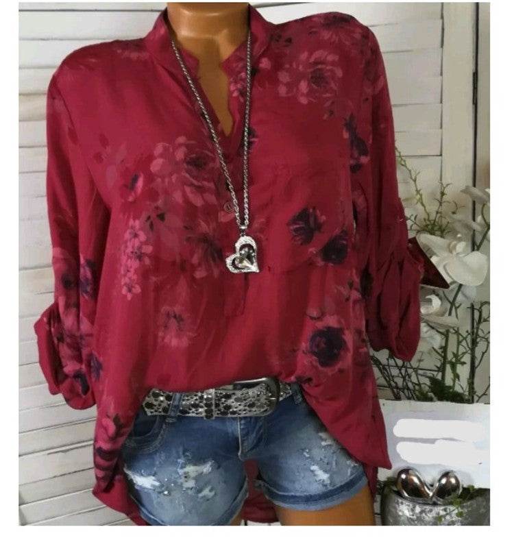 5XL Plus Size Summer Tops Women Blouses Long Sleeve Print Stand Collar Button Blouse Pullover Womens Clothing Shirt Blusa - Mubimart