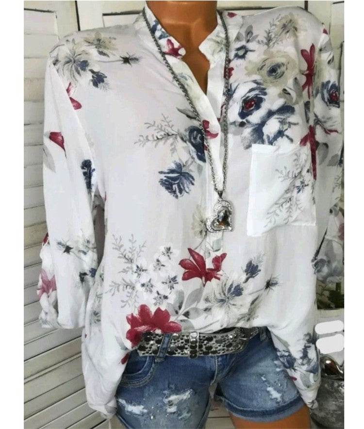 5XL Plus Size Summer Tops Women Blouses Long Sleeve Print Stand Collar Button Blouse Pullover Womens Clothing Shirt Blusa - Mubimart