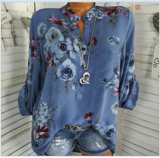 5XL Plus Size Summer Tops Women Blouses Long Sleeve Print Stand Collar Button Blouse Pullover Womens Clothing Shirt Blusa - Mubimart