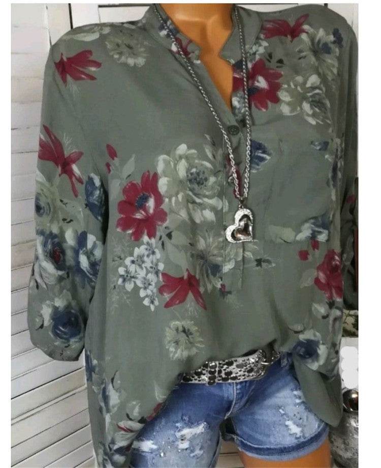5XL Plus Size Summer Tops Women Blouses Long Sleeve Print Stand Collar Button Blouse Pullover Womens Clothing Shirt Blusa - Mubimart