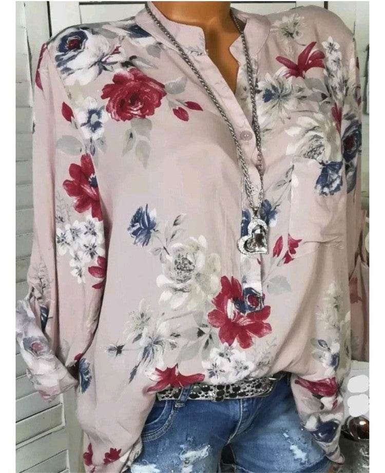 5XL Plus Size Summer Tops Women Blouses Long Sleeve Print Stand Collar Button Blouse Pullover Womens Clothing Shirt Blusa - Mubimart