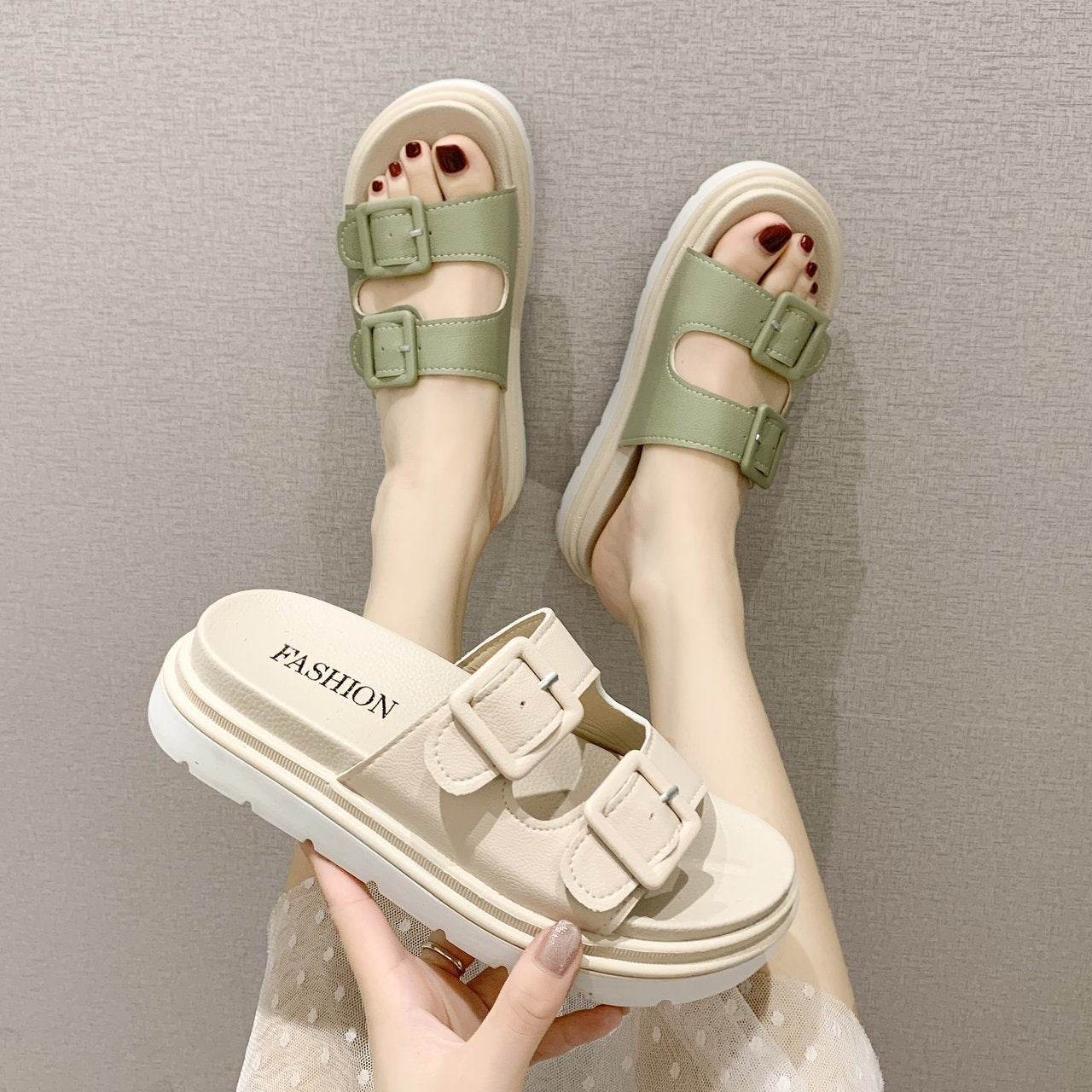 Platform Slippers Sandals Women Buckle Slippers Thick Sole Sandals Women Shoes Summer Leisure Hollow Open Toe Slides - Mubimart