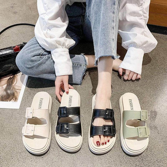 Platform Slippers Sandals Women Buckle Slippers Thick Sole Sandals Women Shoes Summer Leisure Hollow Open Toe Slides - Mubimart