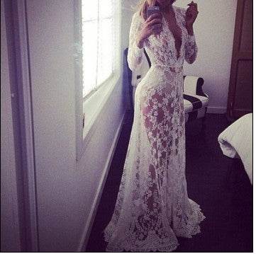 Women Sexy Lace Nightgown Sheer Babydoll Plus Size Lingerie White Long Nightgown - Mubimart