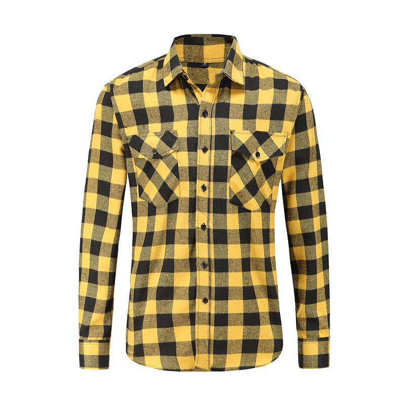 Flannel Double Pocket Men's Plaid Brushed Long Sleeved Shirt - Mubimart