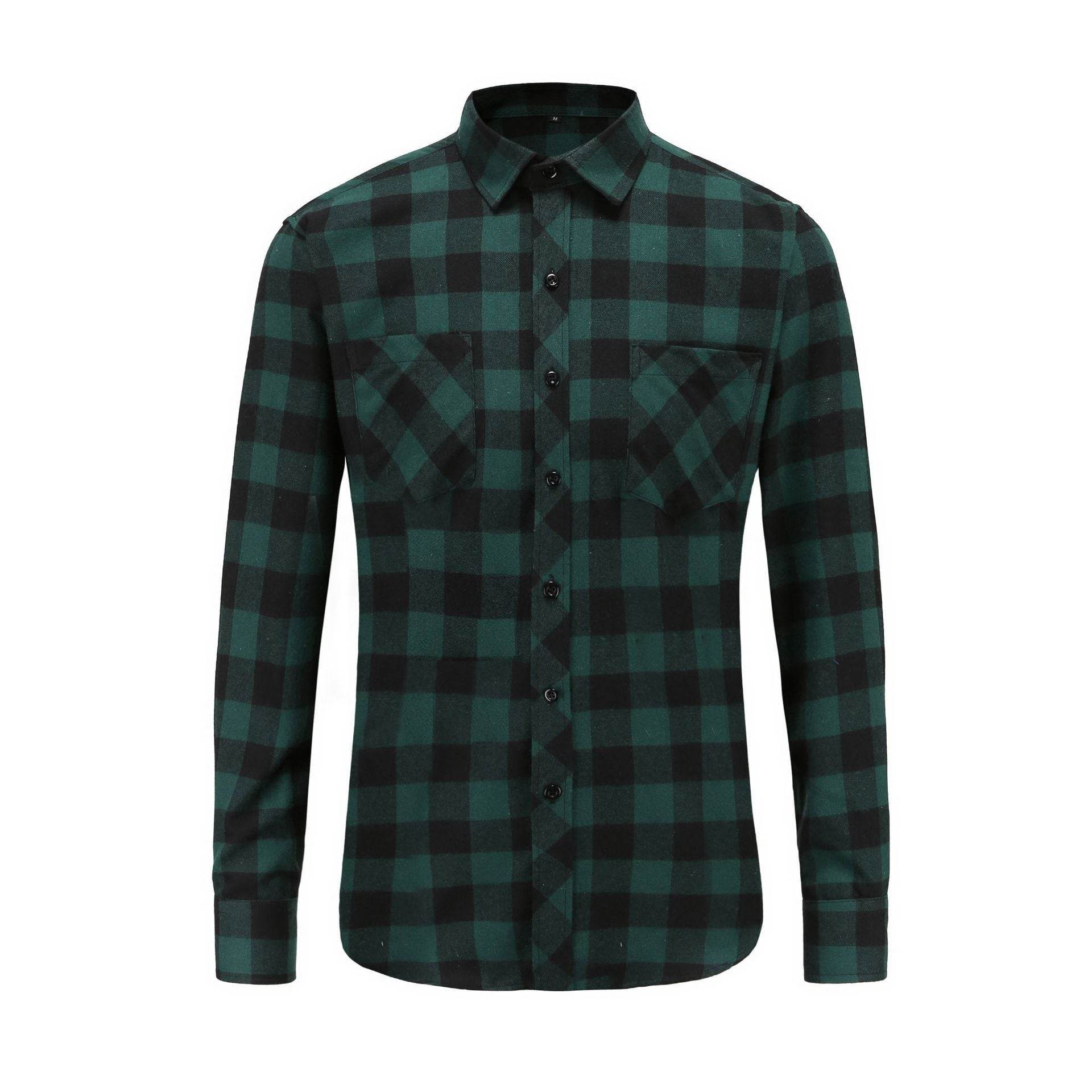Flannel Double Pocket Men's Plaid Brushed Long Sleeved Shirt - Mubimart