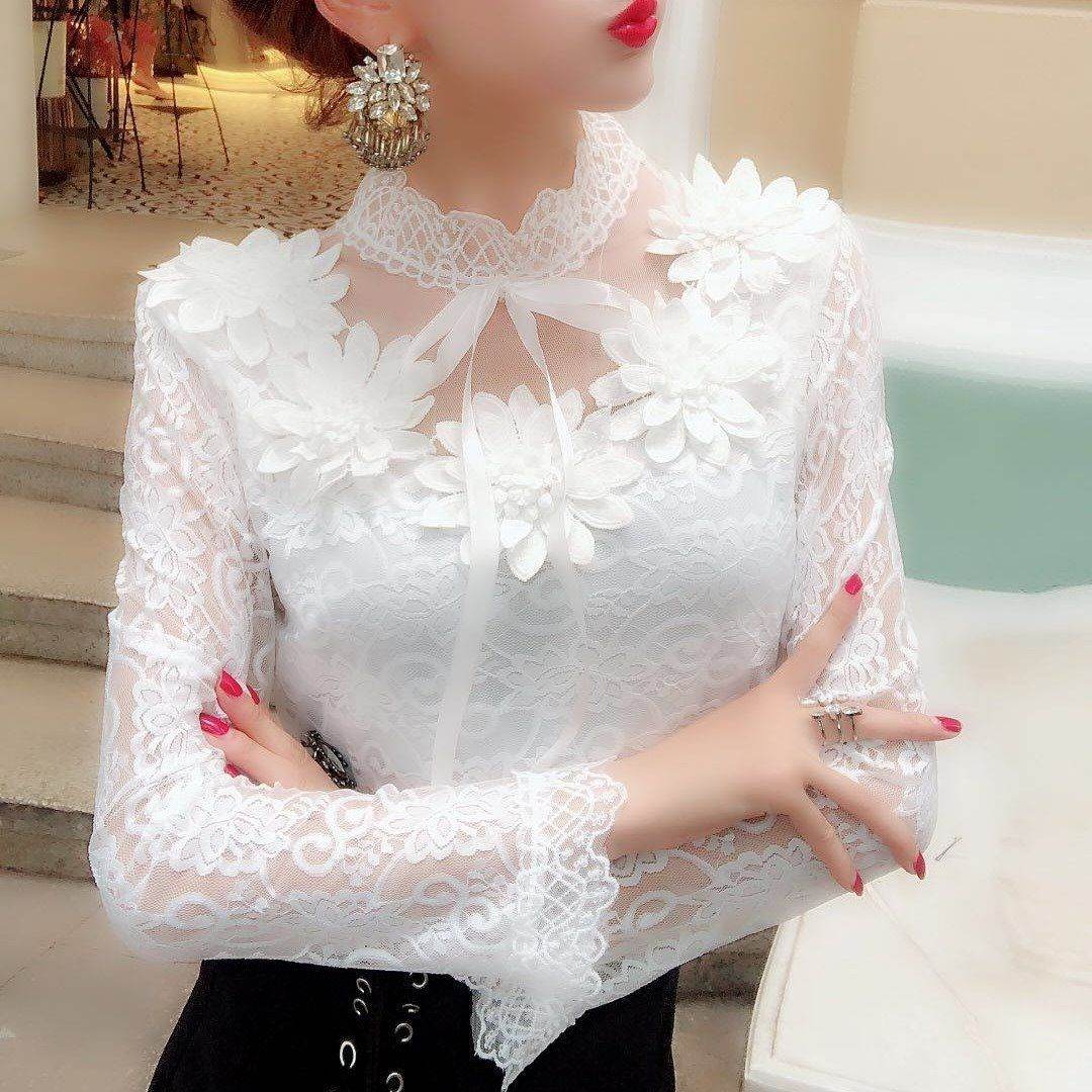 Women Shirts Lace Long Sleeve Blouse Bow Sweet Floral Hollow Lace Blouses Shirt Female Mesh Blusas Spring Women Tops X01F - Mubimart