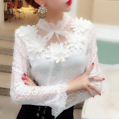 Women Shirts Lace Long Sleeve Blouse Bow Sweet Floral Hollow Lace Blouses Shirt Female Mesh Blusas Spring Women Tops X01F - Mubimart -  