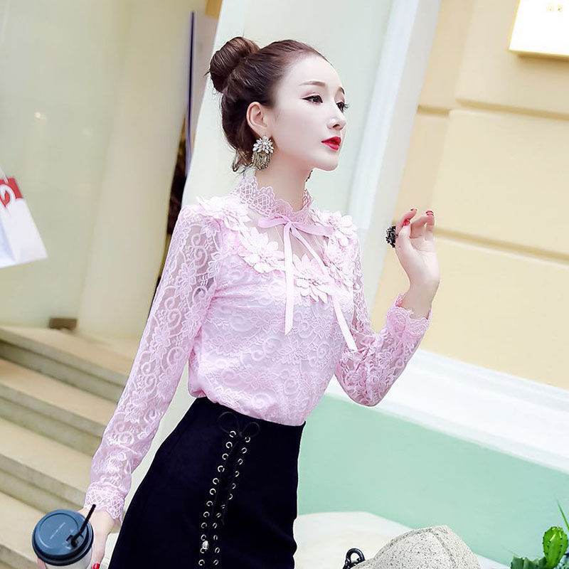 Women Shirts Lace Long Sleeve Blouse Bow Sweet Floral Hollow Lace Blouses Shirt Female Mesh Blusas Spring Women Tops X01F - Mubimart