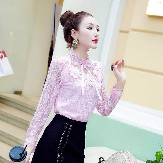 Women Shirts Lace Long Sleeve Blouse Bow Sweet Floral Hollow Lace Blouses Shirt Female Mesh Blusas Spring Women Tops X01F - Mubimart