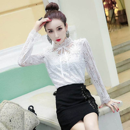 Women Shirts Lace Long Sleeve Blouse Bow Sweet Floral Hollow Lace Blouses Shirt Female Mesh Blusas Spring Women Tops X01F - Mubimart