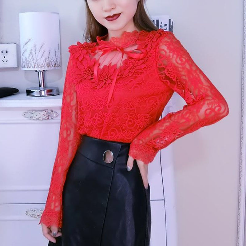 Women Shirts Lace Long Sleeve Blouse Bow Sweet Floral Hollow Lace Blouses Shirt Female Mesh Blusas Spring Women Tops X01F - Mubimart -  