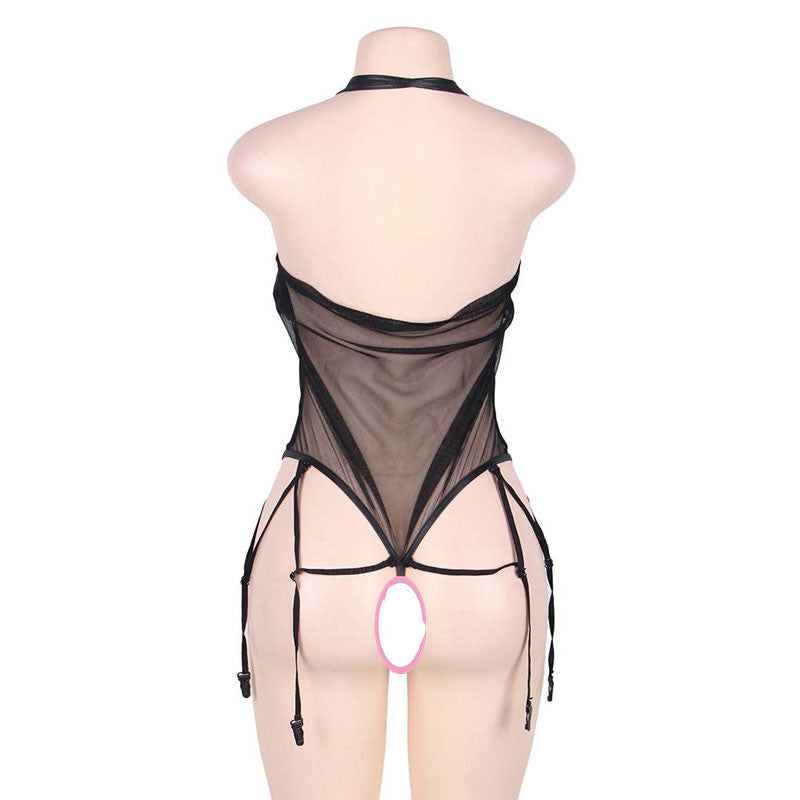 Sexy Faux Leather Garter Belt V-neck Halter Sexy Lingerie - Mubimart -  