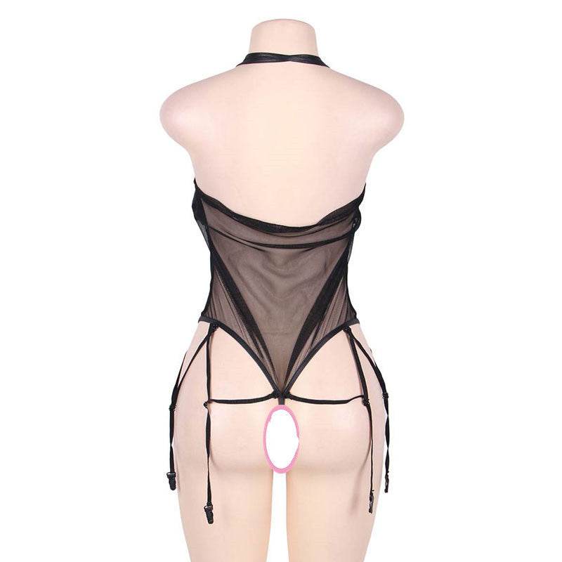Sexy Faux Leather Garter Belt V-neck Halter Sexy Lingerie - Mubimart