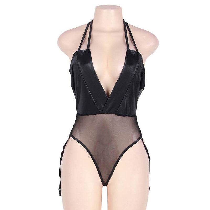 Sexy Faux Leather Garter Belt V-neck Halter Sexy Lingerie - Mubimart