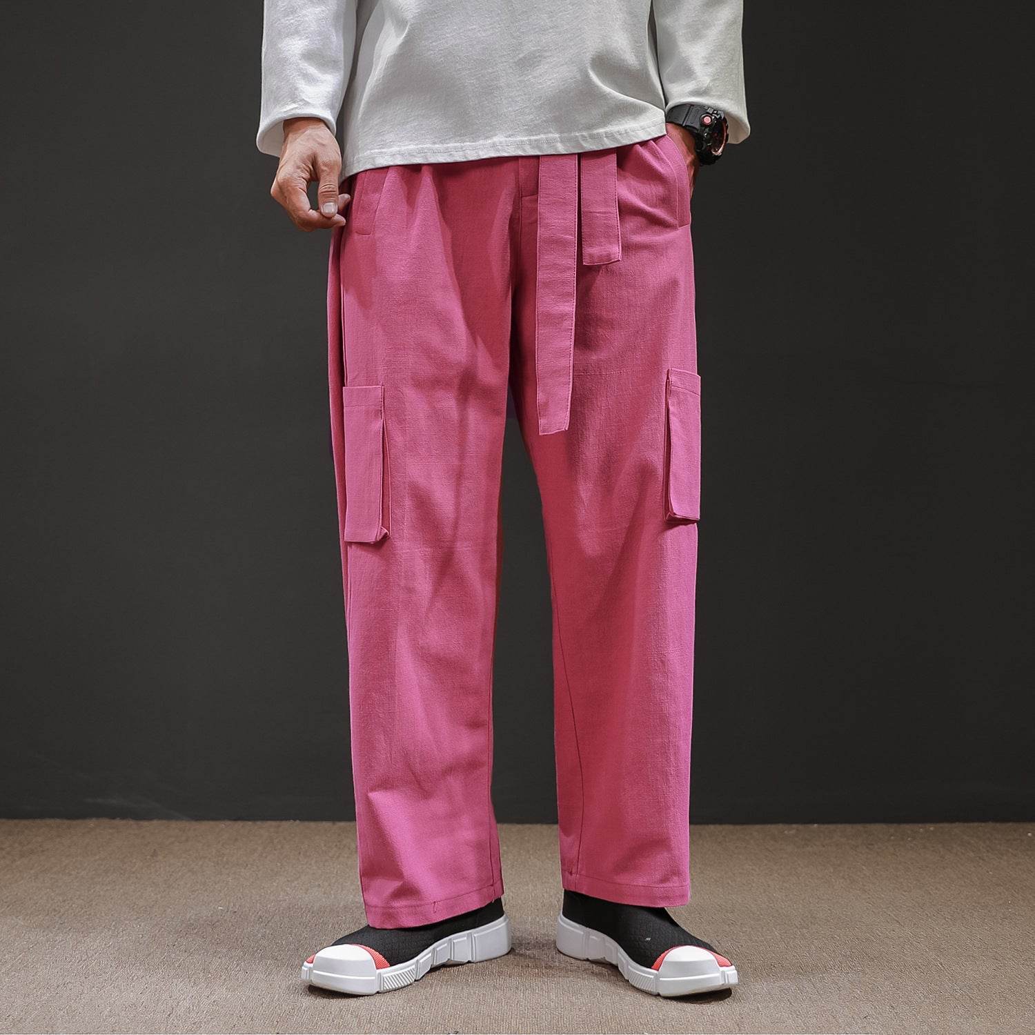 Straight Mid-Waist Lace-Up Cargo Pants - Mubimart