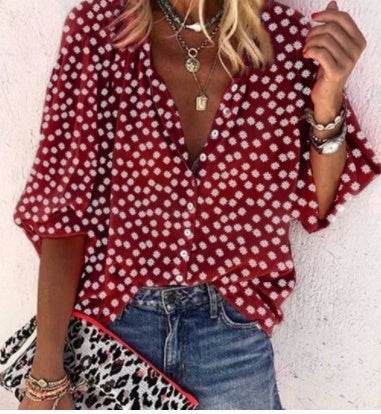 Printed Long Sleeve V-neck Button Ladies Blouse Women - Mubimart