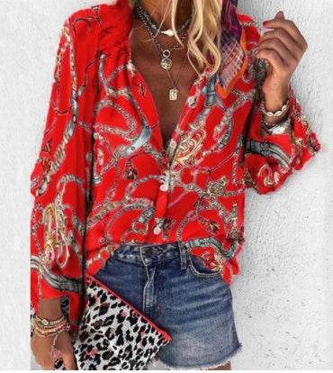 Printed Long Sleeve V-neck Button Ladies Blouse Women - Mubimart