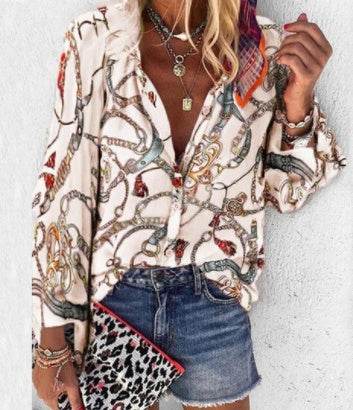Printed Long Sleeve V-neck Button Ladies Blouse Women - Mubimart