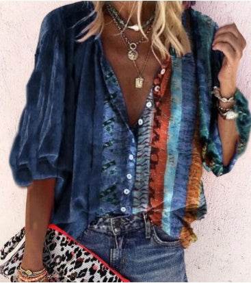 Printed Long Sleeve V-neck Button Ladies Blouse Women - Mubimart