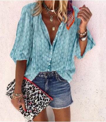 Printed Long Sleeve V-neck Button Ladies Blouse Women - Mubimart