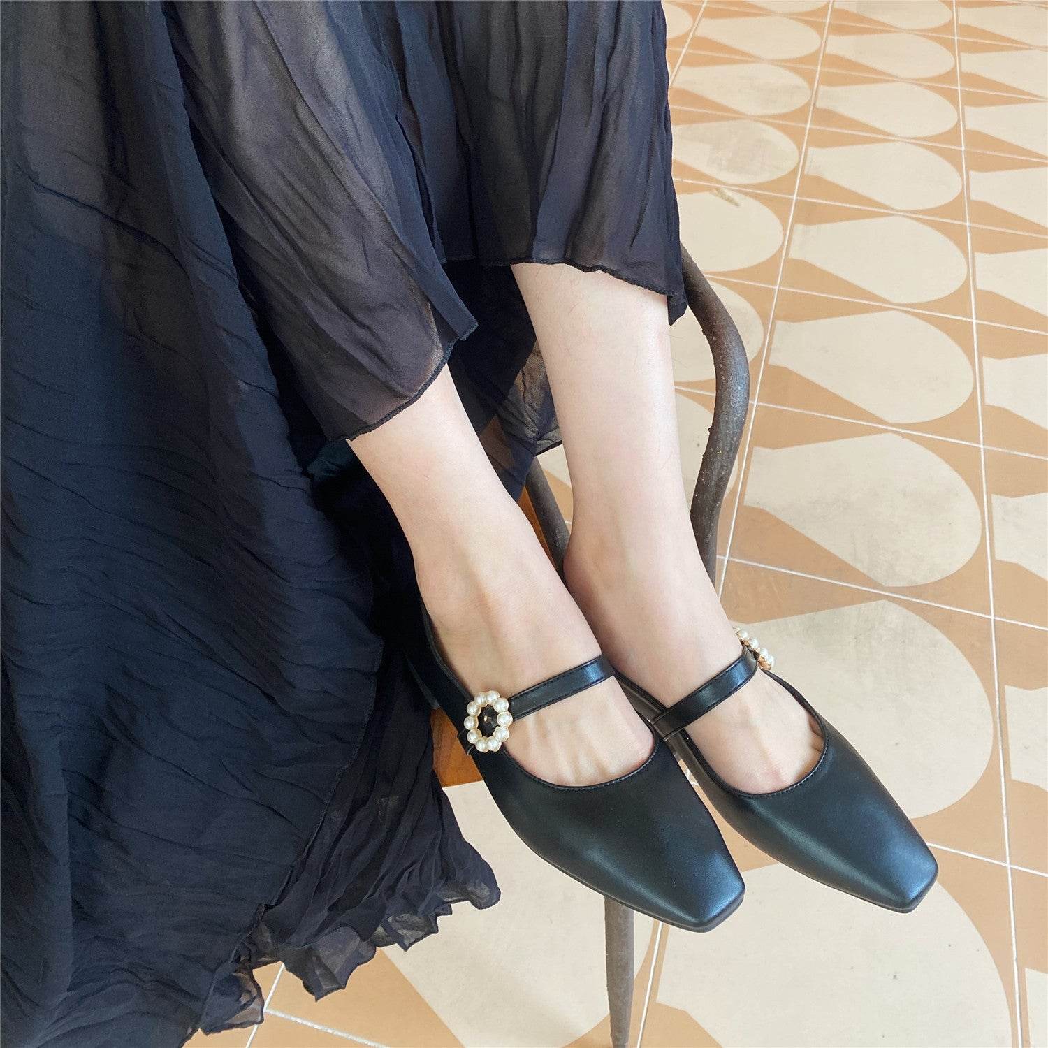 Flat Square Toe Single Sshoes Women Shoes Gentle Fairy All-match Black Work Shoes - Mubimart