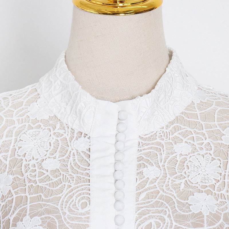 Fashion Temperament Stand Collar Lantern Sleeve Design Sexy Lace Perspective Short Dress - Mubimart