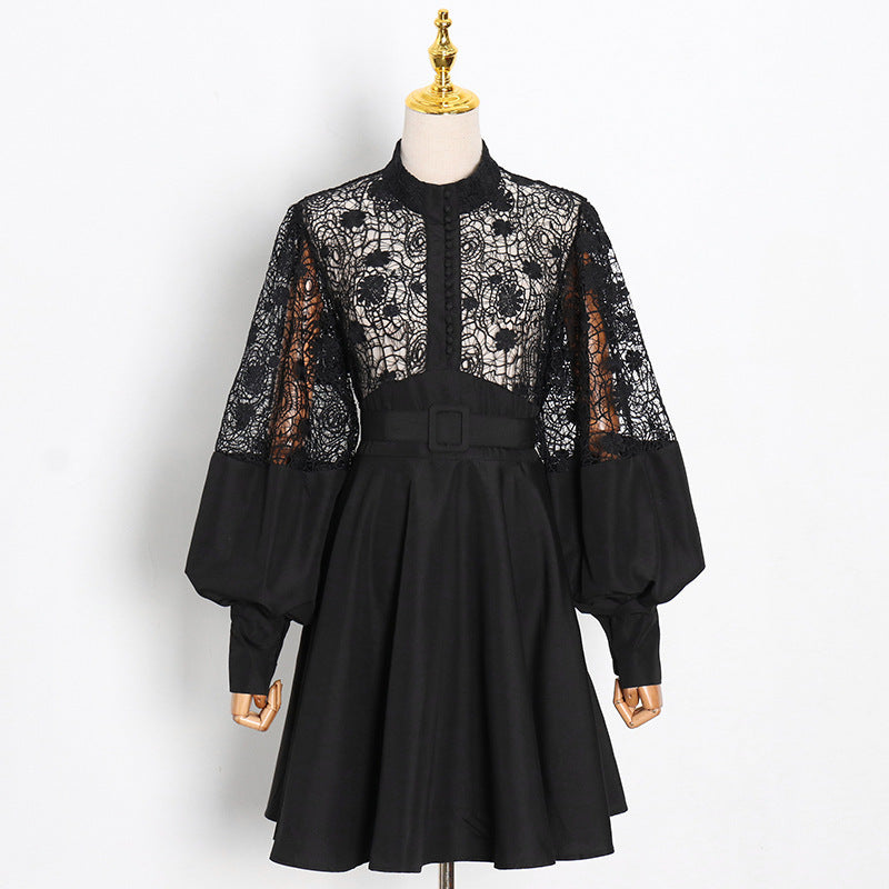 Fashion Temperament Stand Collar Lantern Sleeve Design Sexy Lace Perspective Short Dress - Mubimart - Plus Size Mini Dress 