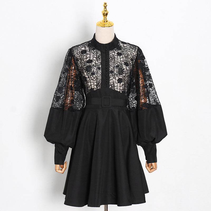 Fashion Temperament Stand Collar Lantern Sleeve Design Sexy Lace Perspective Short Dress - Mubimart