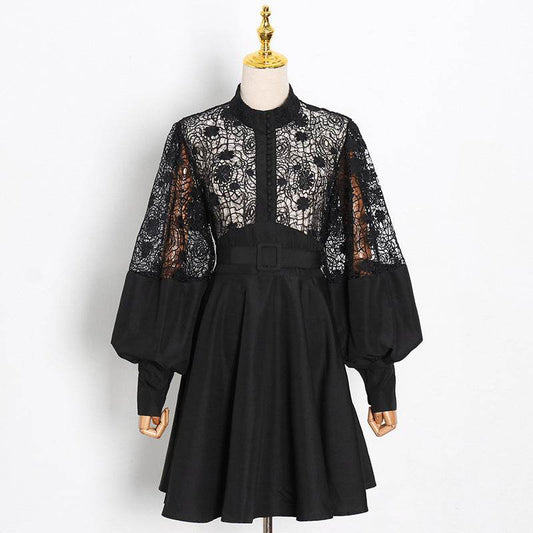 Fashion Temperament Stand Collar Lantern Sleeve Design Sexy Lace Perspective Short Dress - Mubimart