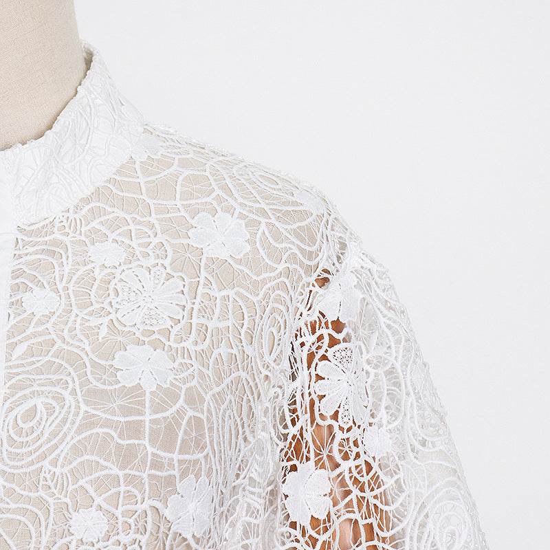 Fashion Temperament Stand Collar Lantern Sleeve Design Sexy Lace Perspective Short Dress - Mubimart