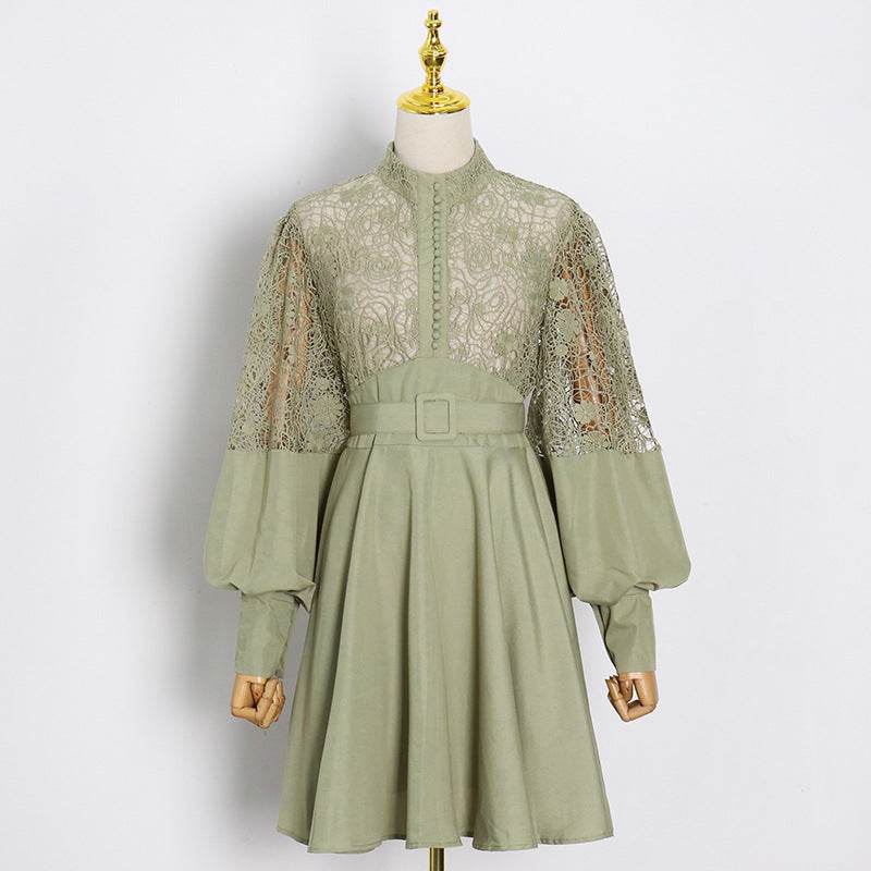 Fashion Temperament Stand Collar Lantern Sleeve Design Sexy Lace Perspective Short Dress - Mubimart