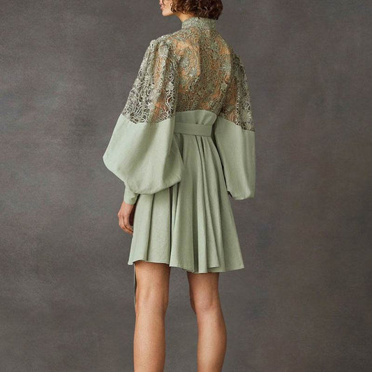 Fashion Temperament Stand Collar Lantern Sleeve Design Sexy Lace Perspective Short Dress - Mubimart
