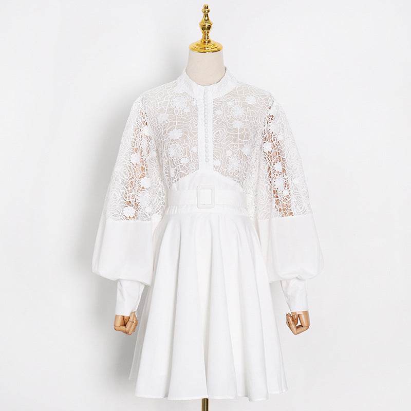 Fashion Temperament Stand Collar Lantern Sleeve Design Sexy Lace Perspective Short Dress - Mubimart
