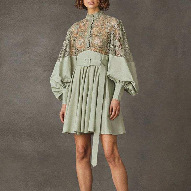 Fashion Temperament Stand Collar Lantern Sleeve Design Sexy Lace Perspective Short Dress - Mubimart