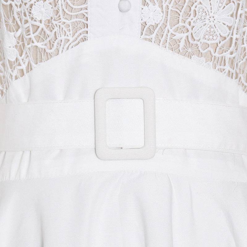Fashion Temperament Stand Collar Lantern Sleeve Design Sexy Lace Perspective Short Dress - Mubimart